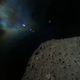 Foto tomada por uno de los Rover nada más separarse de la sonda Hayabusa. Abajo a la derecha se aprecia la superficie del asteroide. Arriba una aberración cromática causada por el reflejo del sol en la lente.